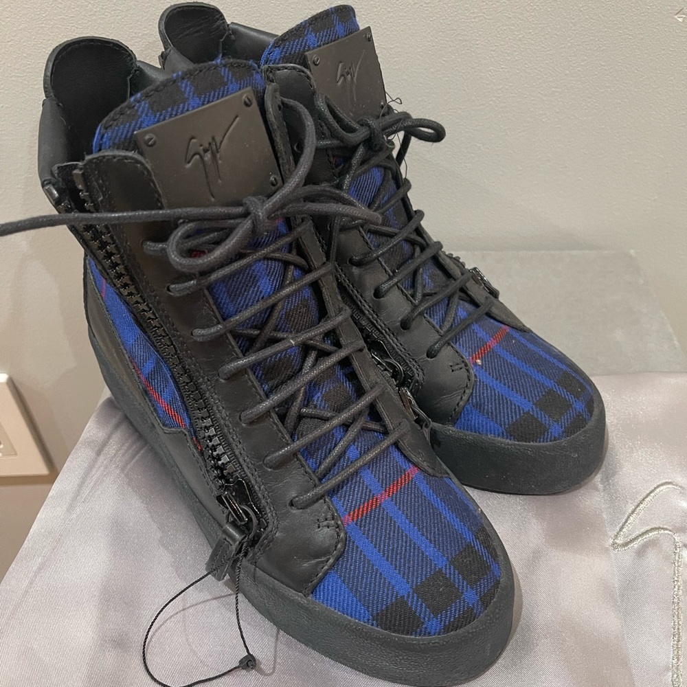 Giuseppe Zanotti Black Plaid Blue Gerard Wedge